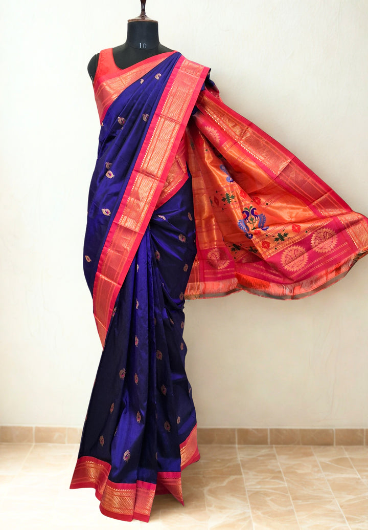 Navy blue peacock butti silk paithani saree with pink border
