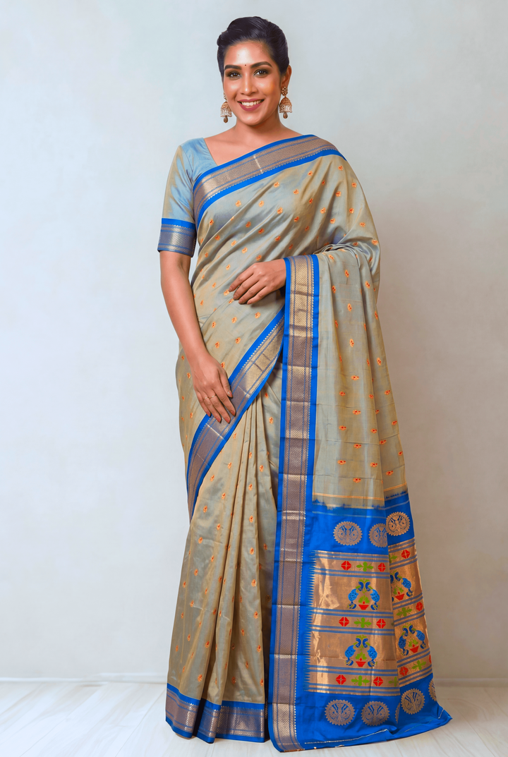 Silver grey silk paithani saree