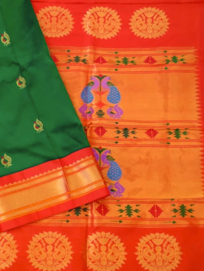 Bottle Green Peacock Butti Silk Paithani Saree with Red Border