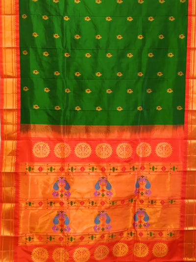 Bottle Green Peacock Butti Silk Paithani Saree with Red Border