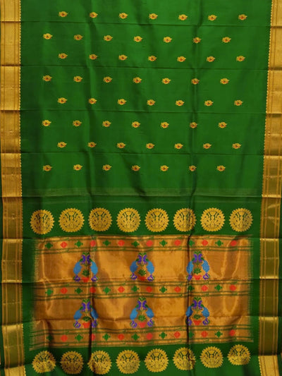 Bottle Green Peacock Butti Silk Paithani Saree