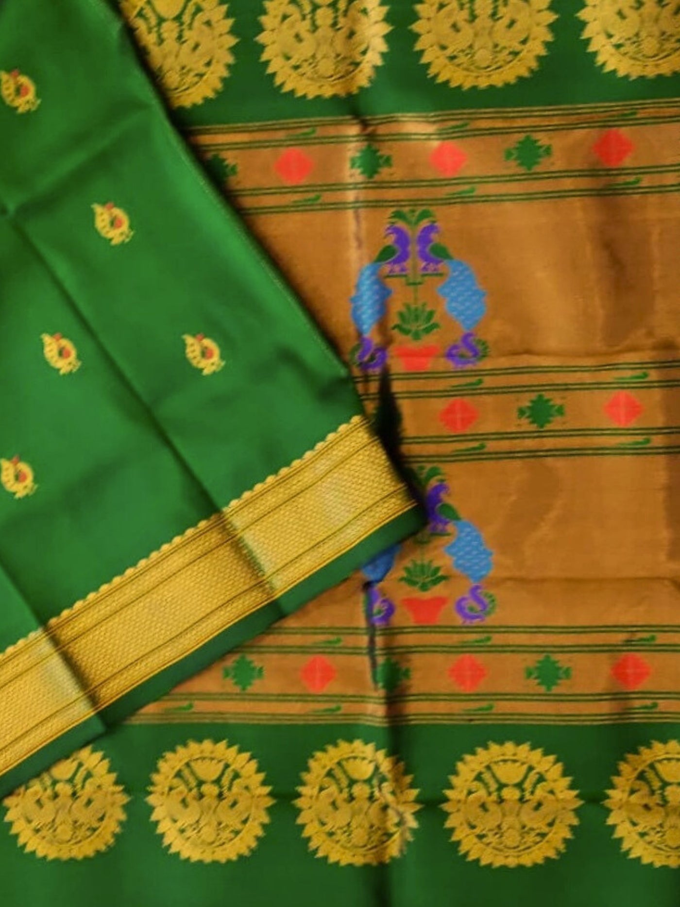 Bottle Green Peacock Butti Silk Paithani Saree