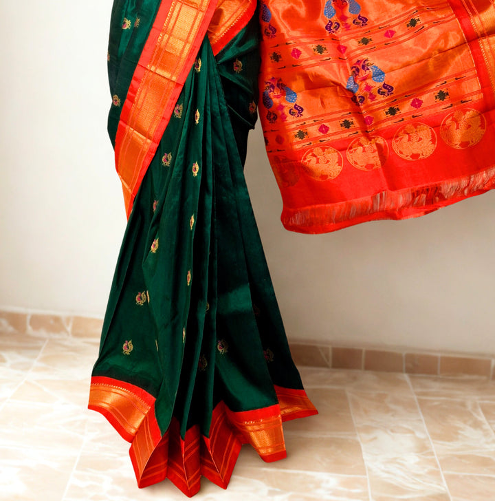 Bottle Green Paithani with Peacock Butti