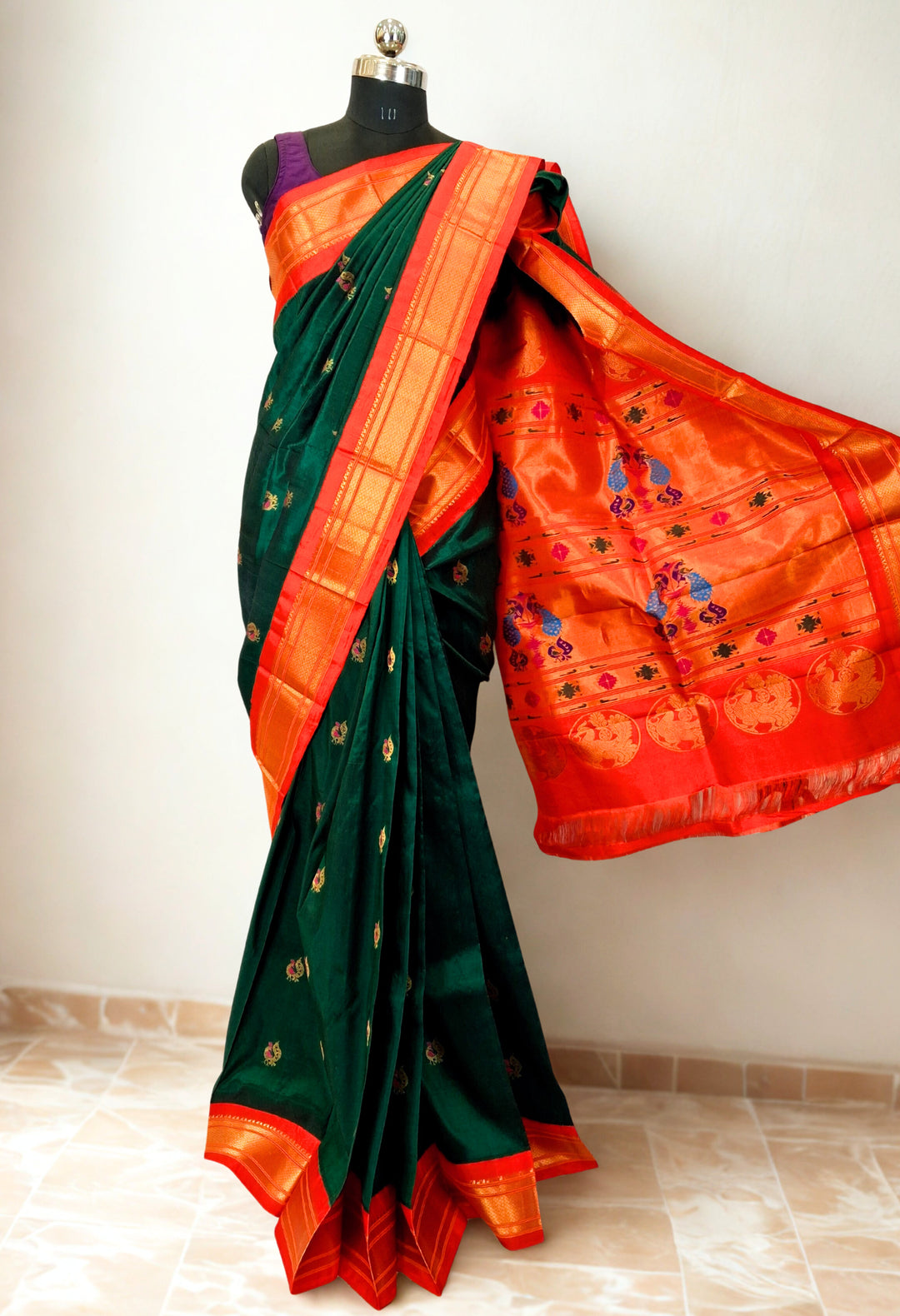 Bottle Green Paithani with Peacock Butti