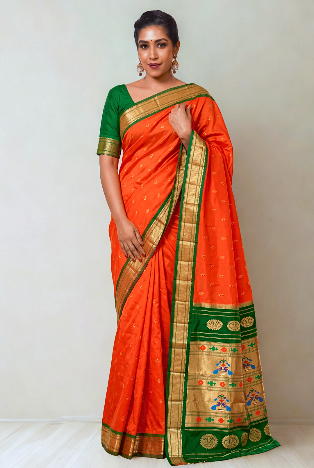 Saffron silk paithani saree