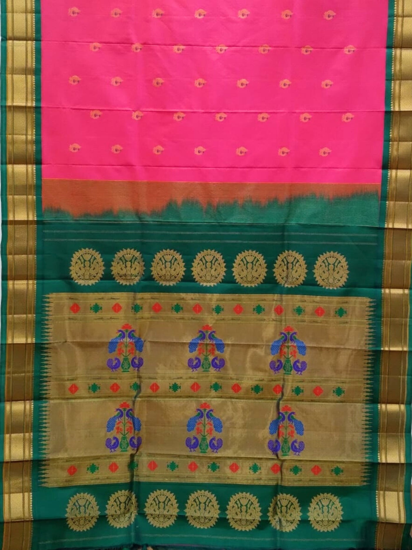 Pink Peacock Butti Silk Paithani Saree