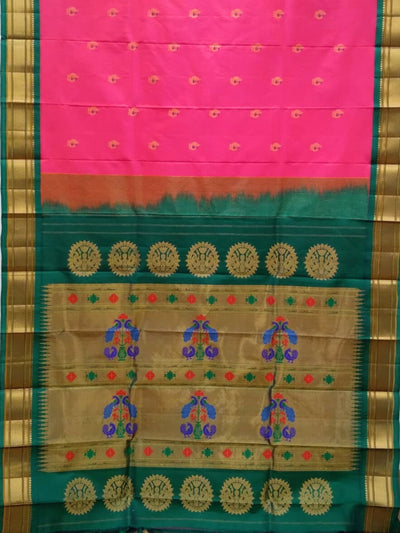 Pink Peacock Butti Silk Paithani Saree