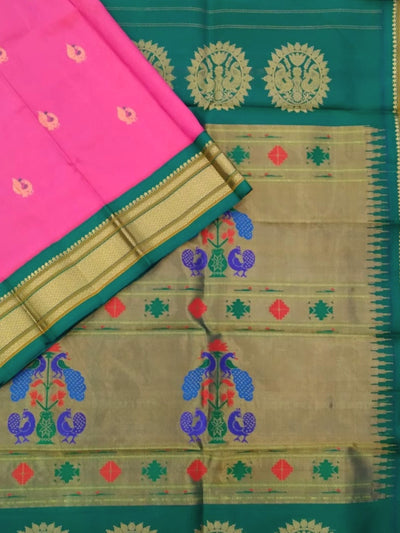 Pink Peacock Butti Silk Paithani Saree