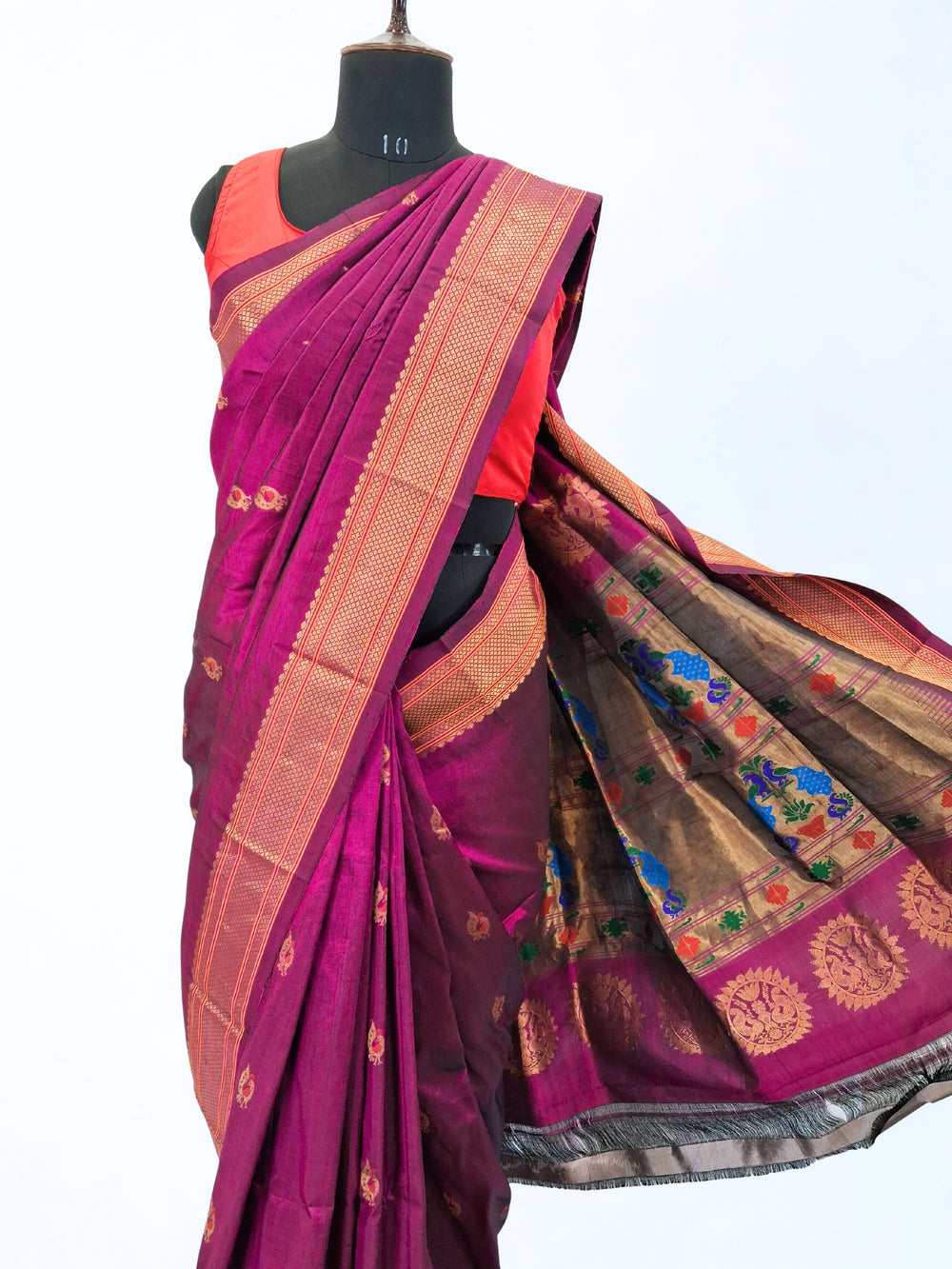 Wine Paithani with Gold Zari Peacock Butti