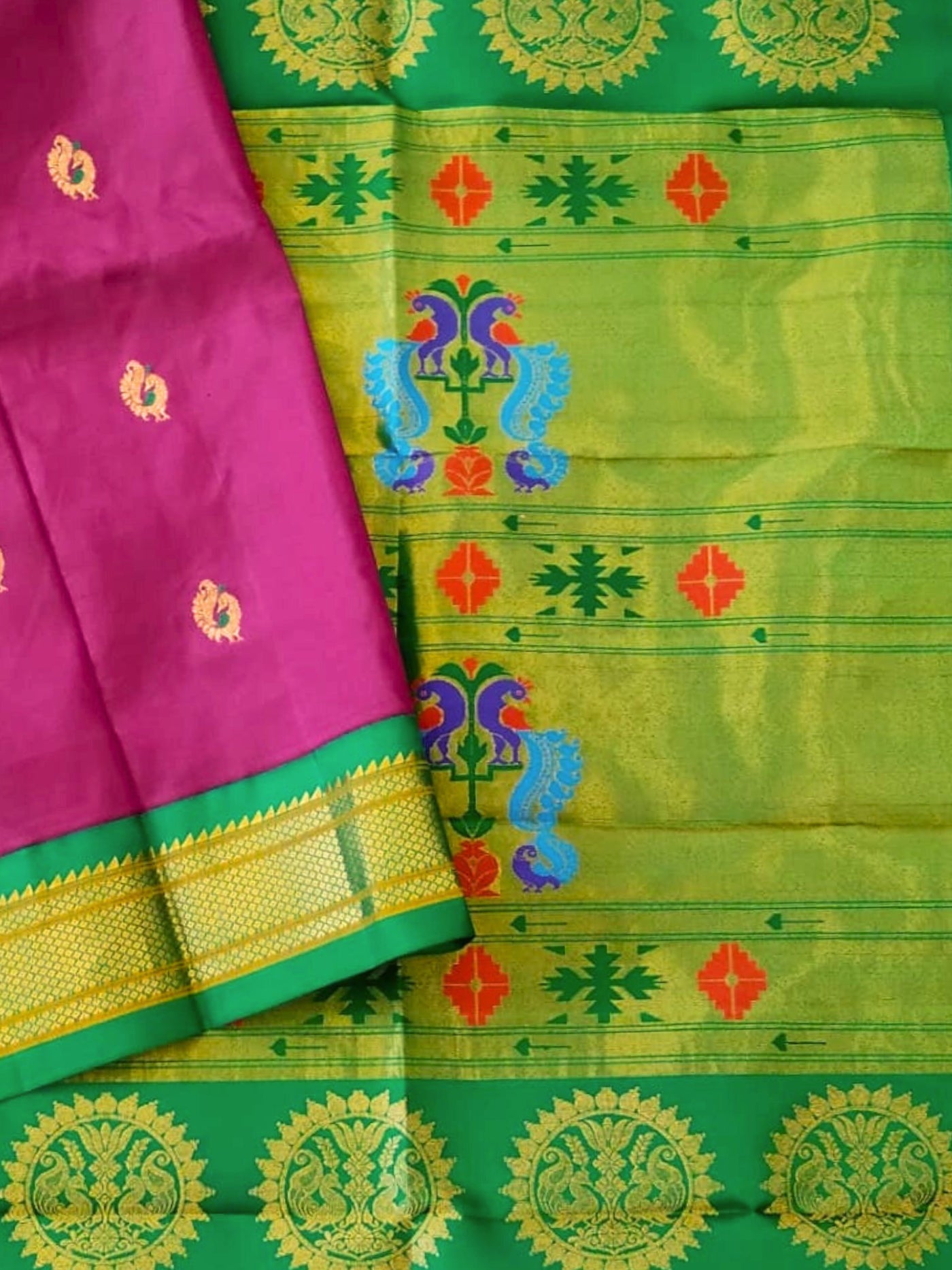 Purple Peacock Butti Silk Paithani Saree with Green Border