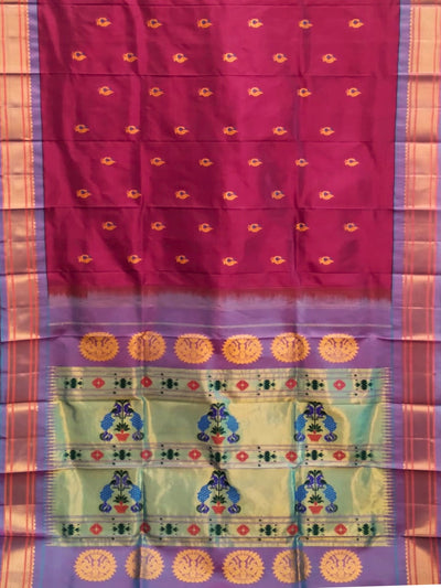 Wine Peacock Butti Silk Paithani Saree with Blue Border