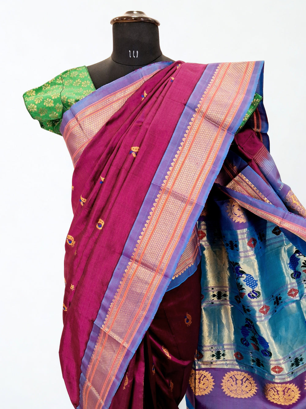 Wine Silk Paithani with Peacock Zari Butti