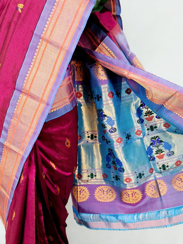 Wine Silk Paithani with Peacock Zari Butti