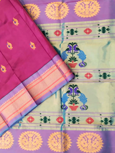 Wine Peacock Butti Silk Paithani Saree with Blue Border