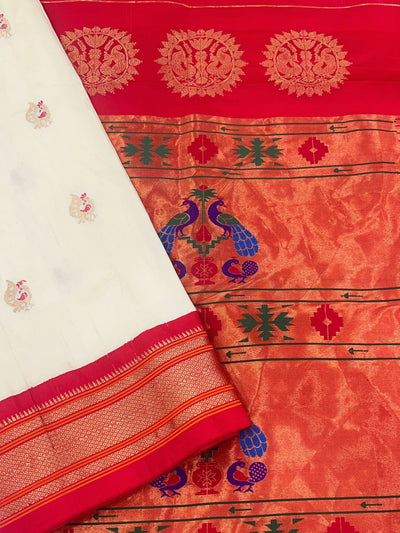 Offwhite peacock butti silk paithani saree