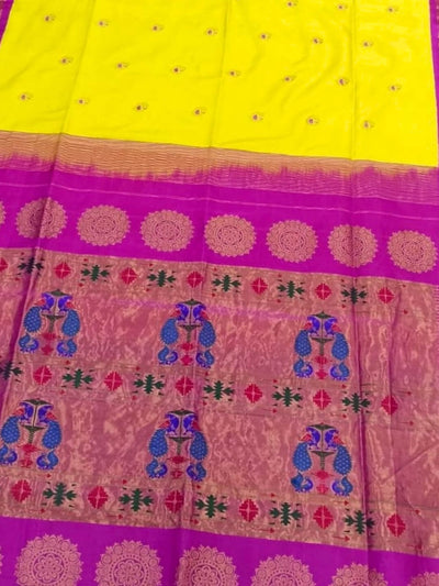 Canary Yellow Paithani Silk Saree with Peacock Butt