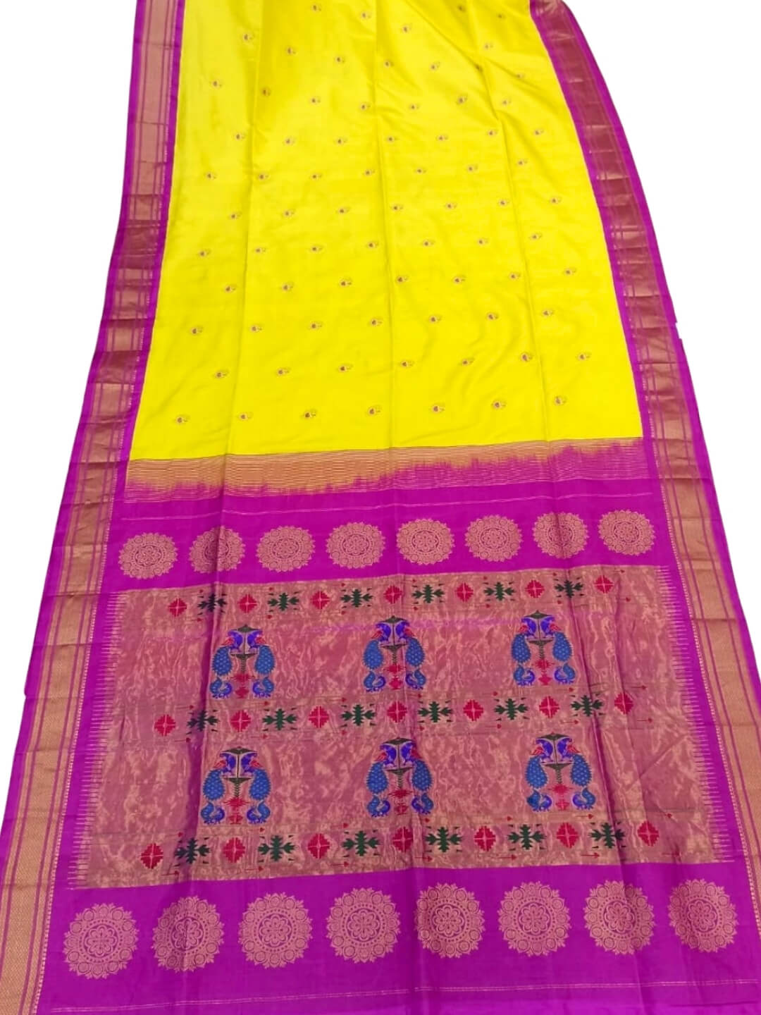 Canary Yellow Paithani Silk Saree with Peacock Butt