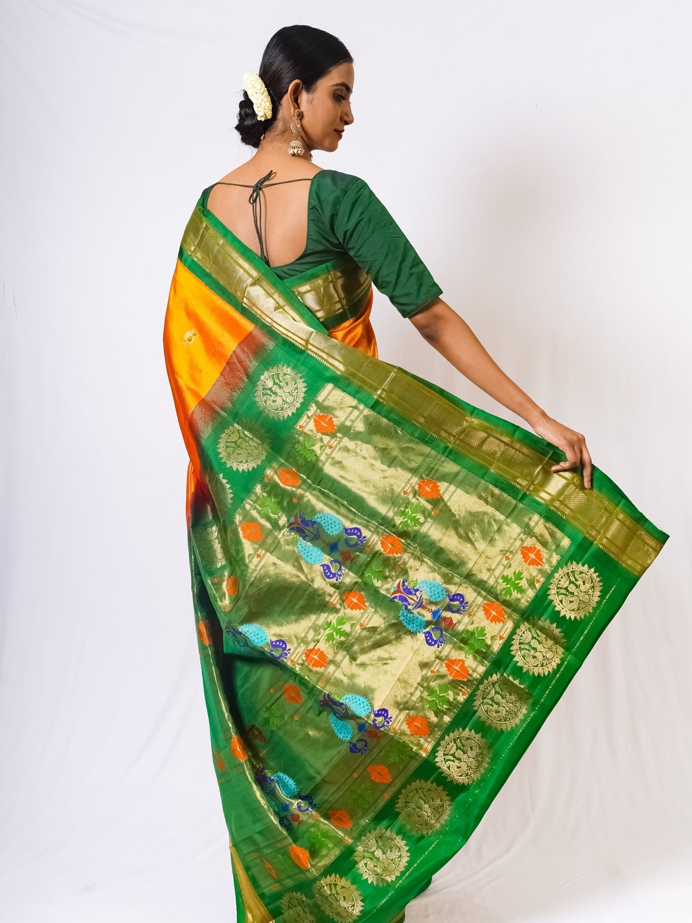 Yellow peacock butti silk paithani saree