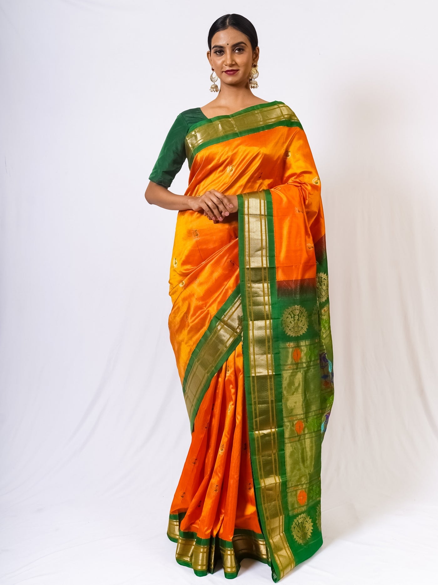 Yellow peacock butti silk paithani saree