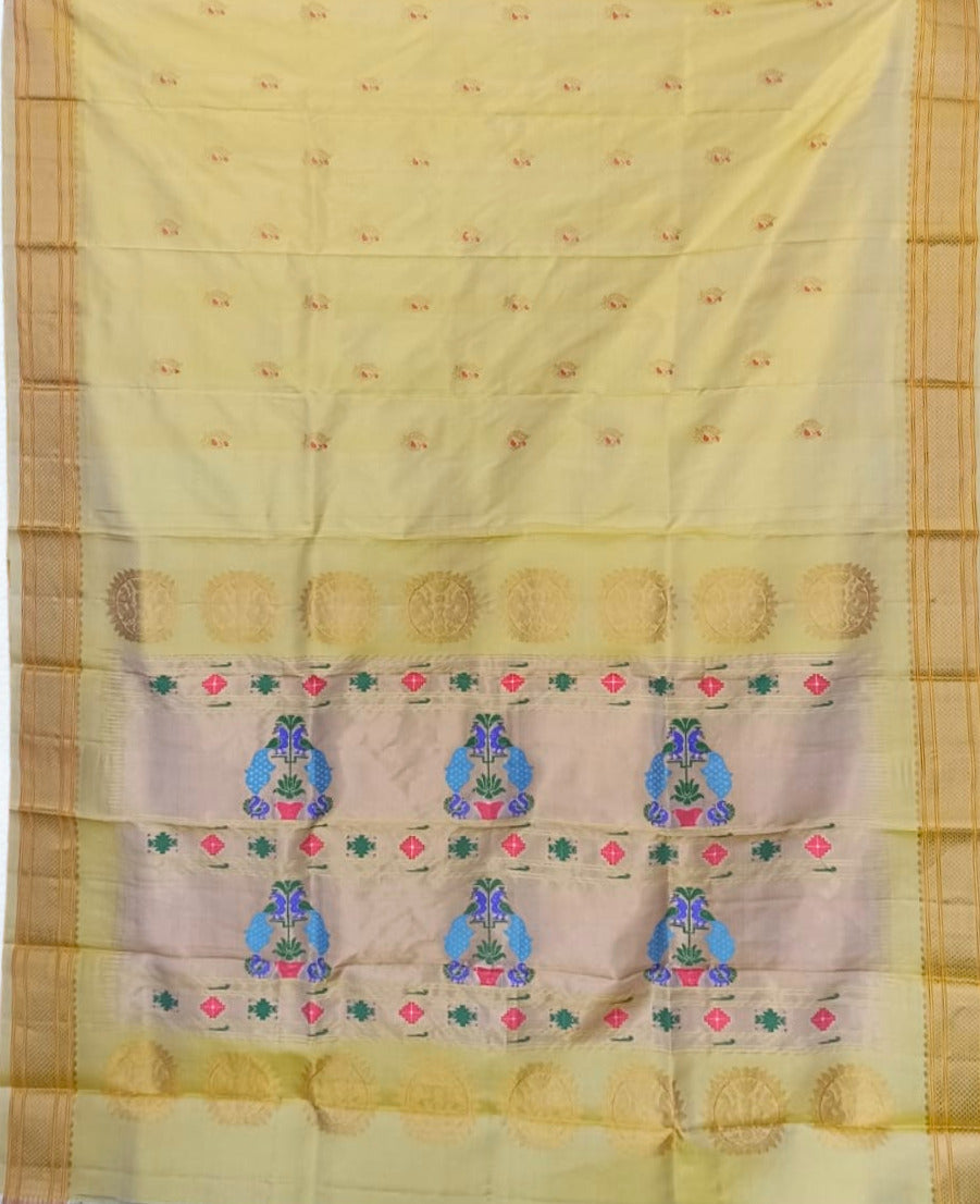 Butterscotch yellow peacock butti silk paithani saree