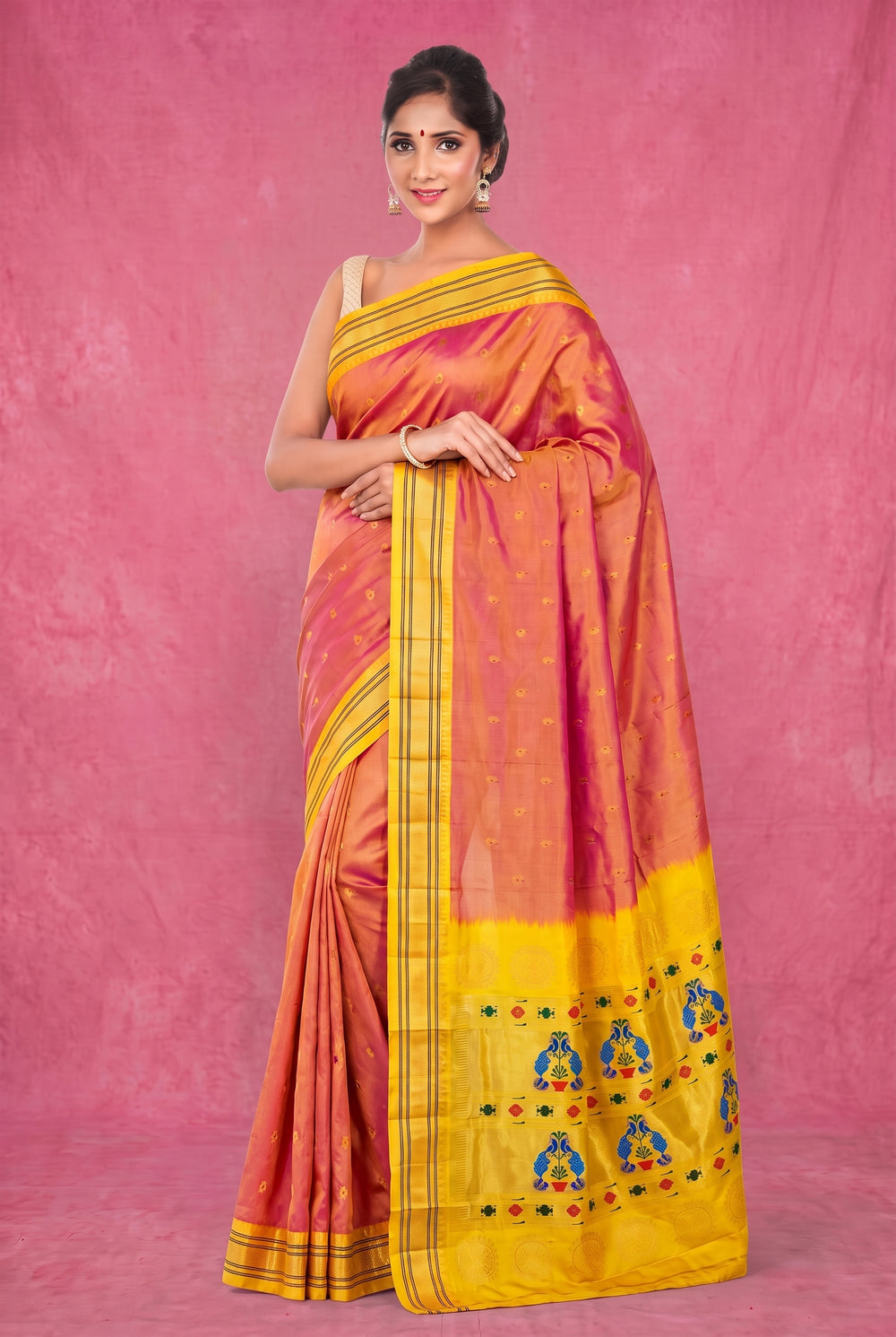 Peachy Orange Silk Paithani Saree