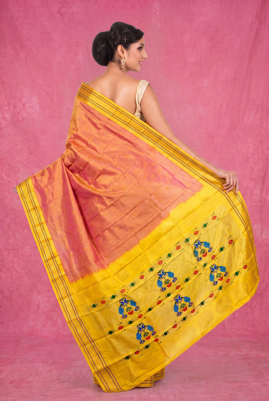 Peachy Orange Silk Paithani Saree