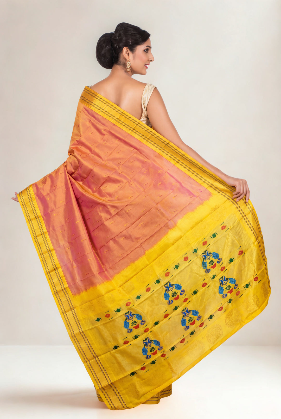 Peachy Orange Silk Paithani Saree