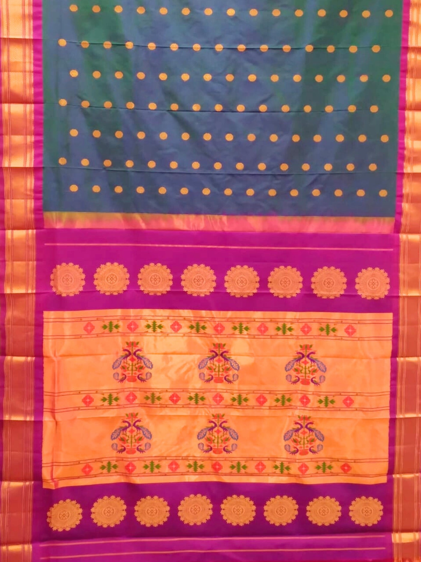 Peacock Blue Silk Paithani Saree with Pink Border