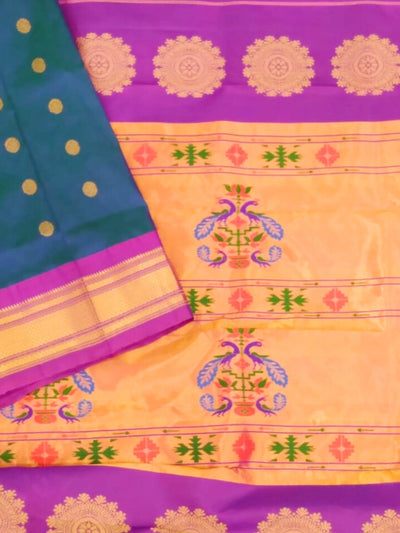 Peacock Blue Silk Paithani Saree with Pink Border