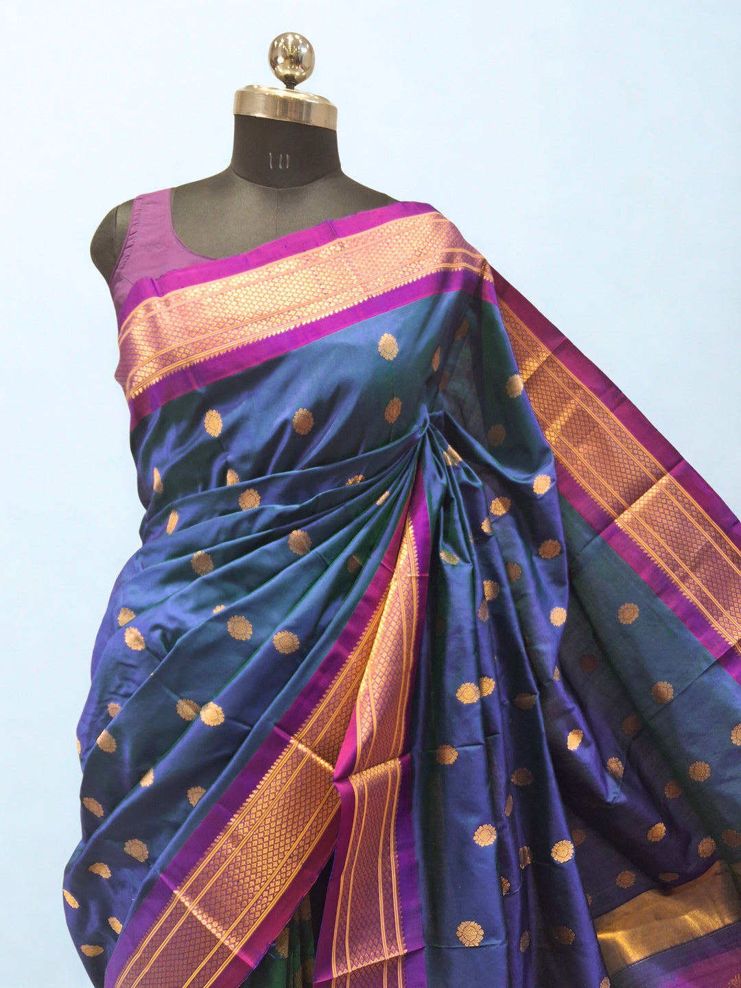 Peacock Blue Paithani with Gold Zari Border
