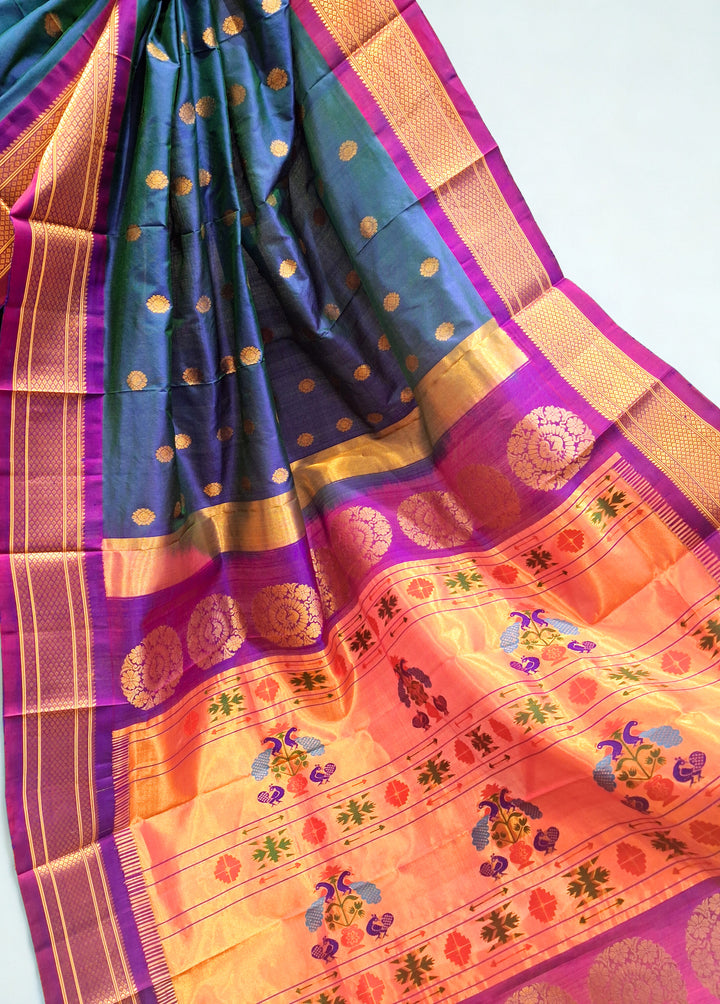 Peacock Blue Paithani with Gold Zari Border