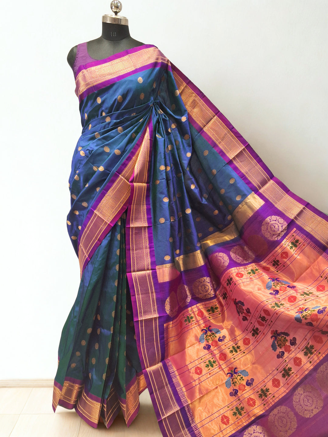 Peacock Blue Paithani with Gold Zari Border