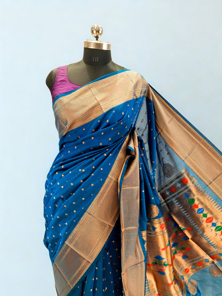 Teal blue blended fabric saree