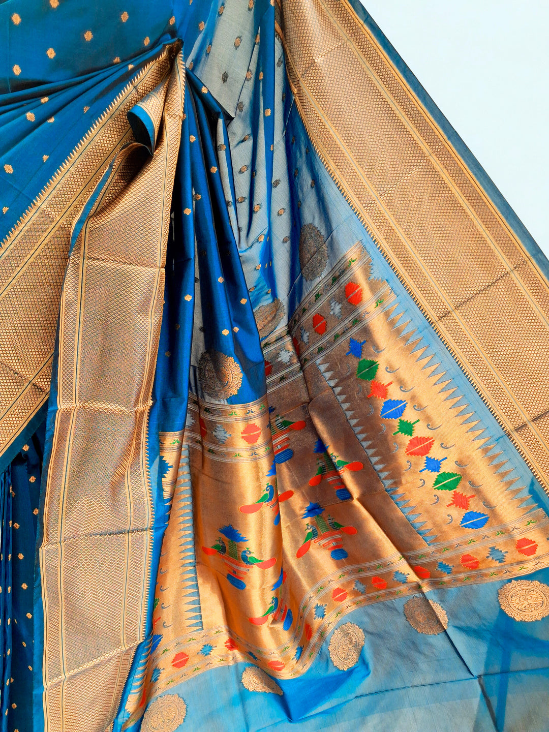 Teal blue blended fabric saree