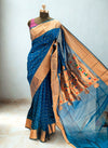 Teal blue blended fabric saree