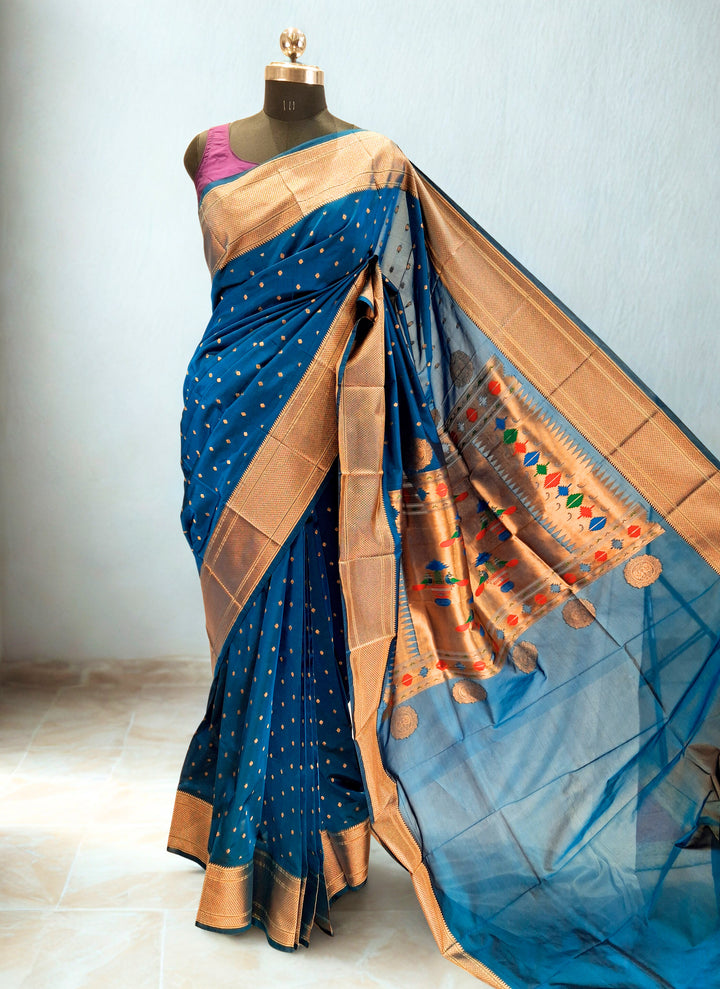 Teal blue blended fabric saree