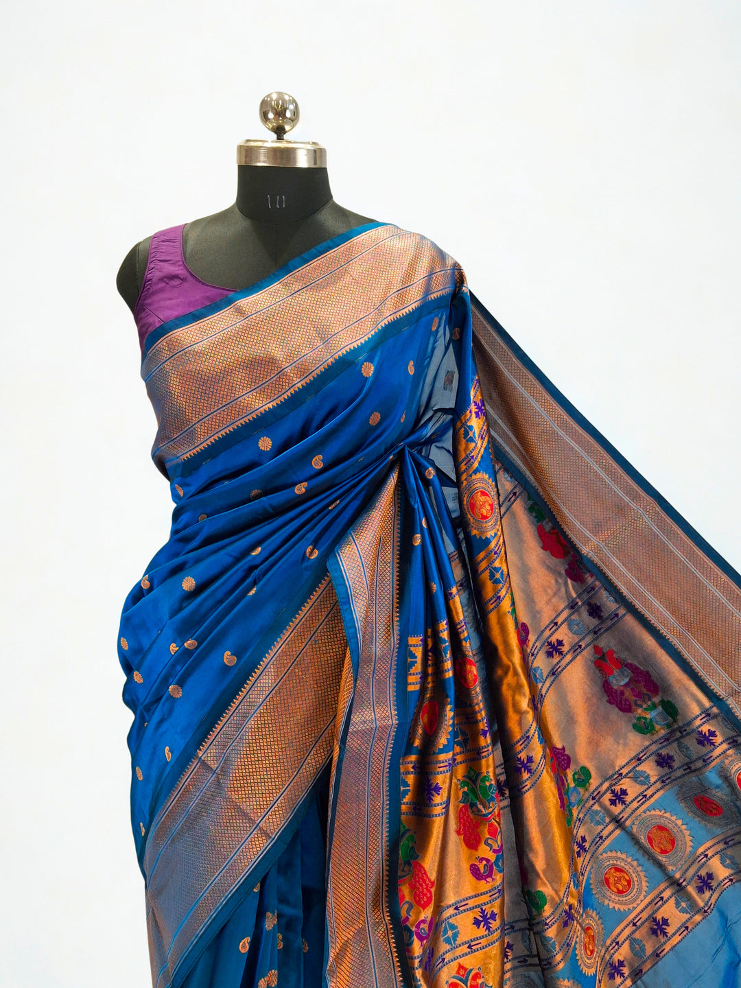 Peacock blue blended fabric saree