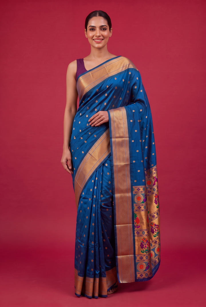 Peacock Blue Blended Fabric Saree