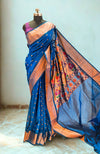 Peacock blue blended fabric saree