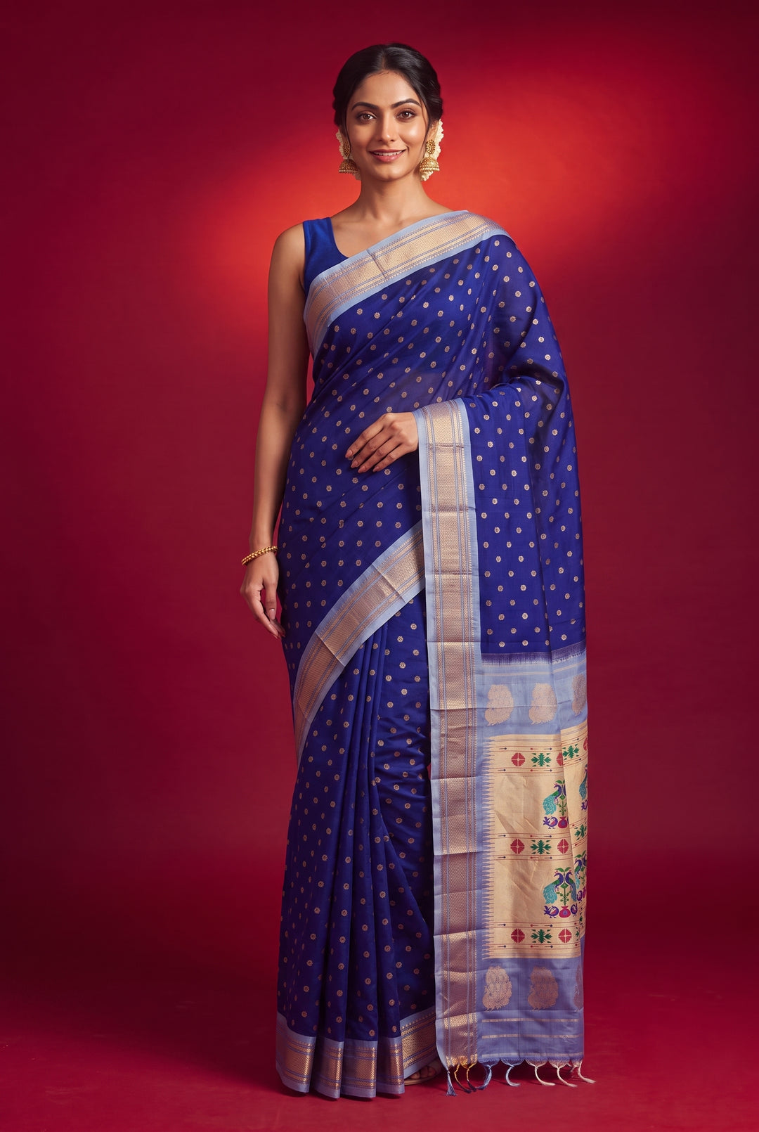 Navy blue maharani silk paithani saree with lavender border