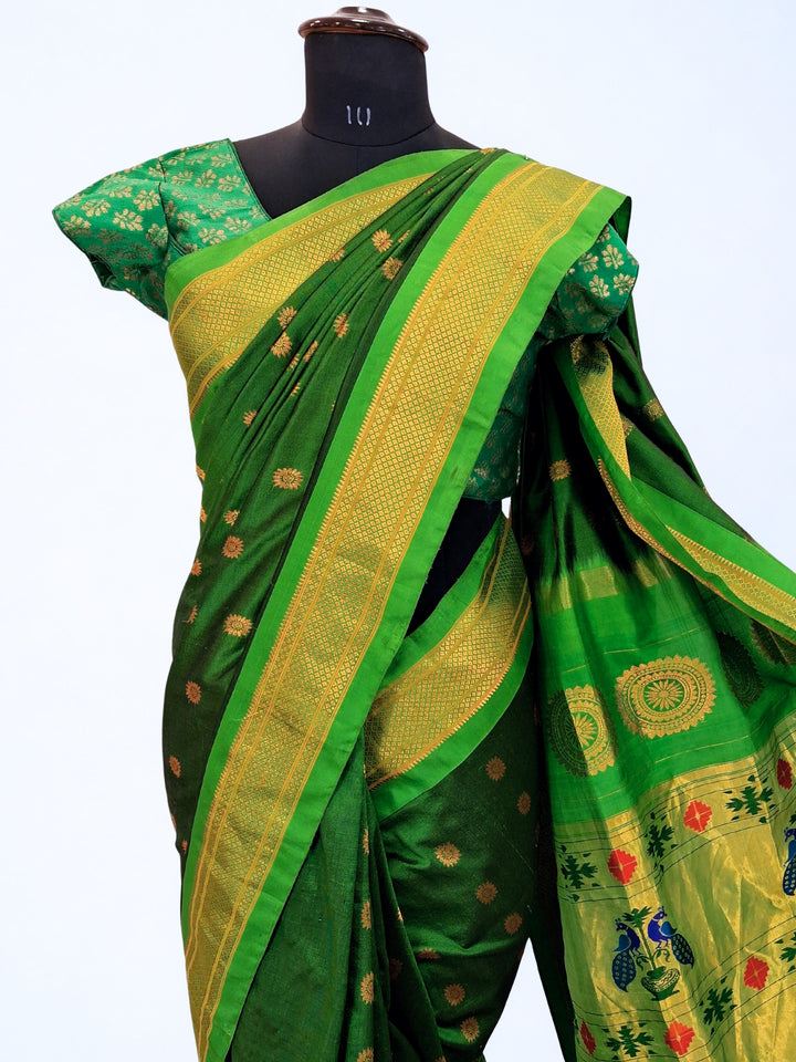 Bottle green maharani silk paithani saree
