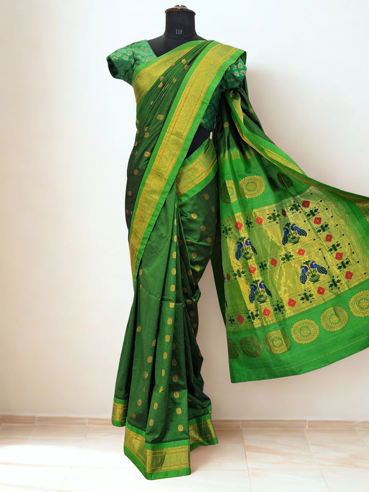 Bottle green maharani silk paithani saree