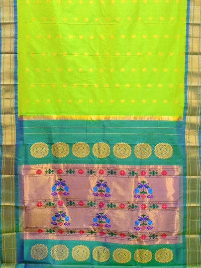 Parrot green silk paithani saree with aqua blue border