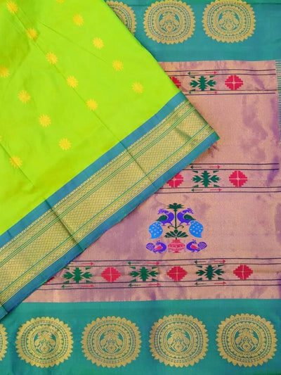 Parrot Green Silk Paithani Saree with Blue Border