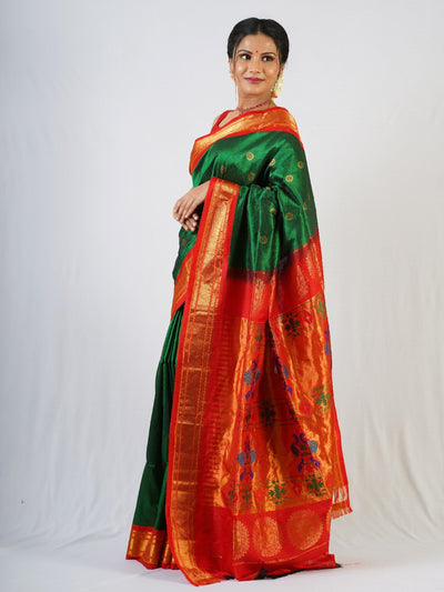 Bottle green maharani silk paithani saree