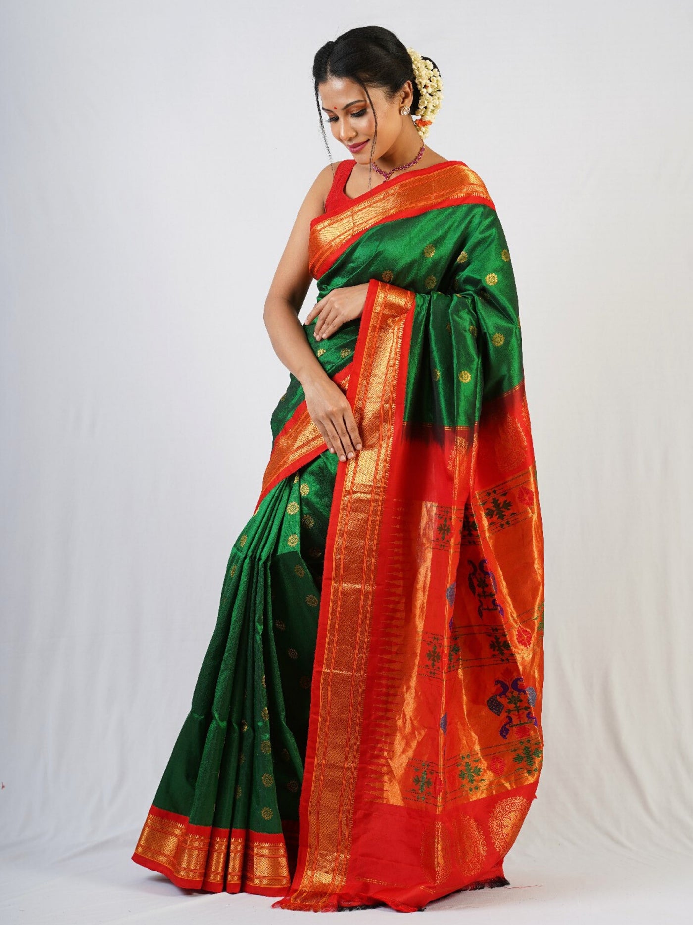 Bottle green maharani silk paithani saree