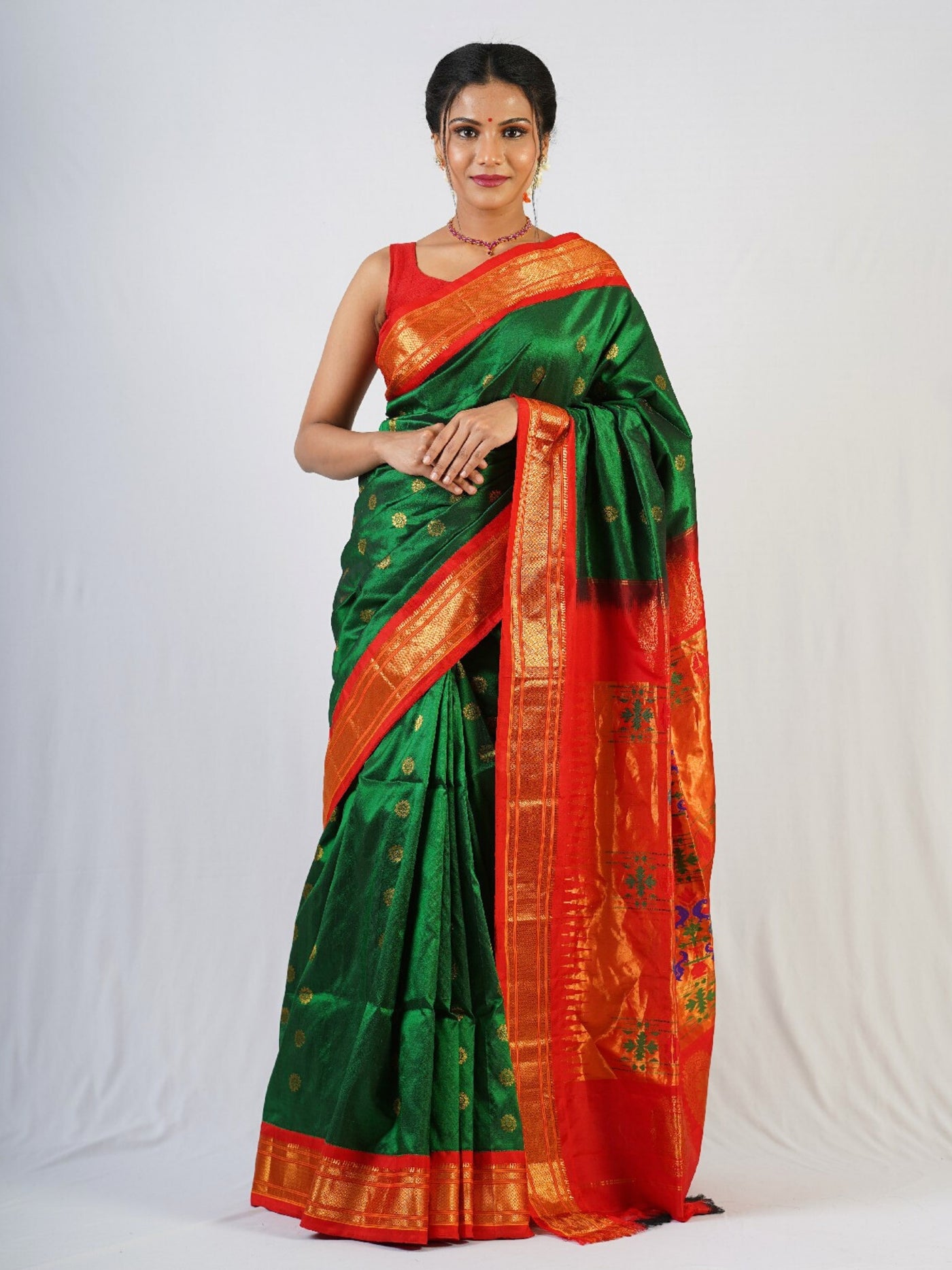 Bottle green maharani silk paithani saree