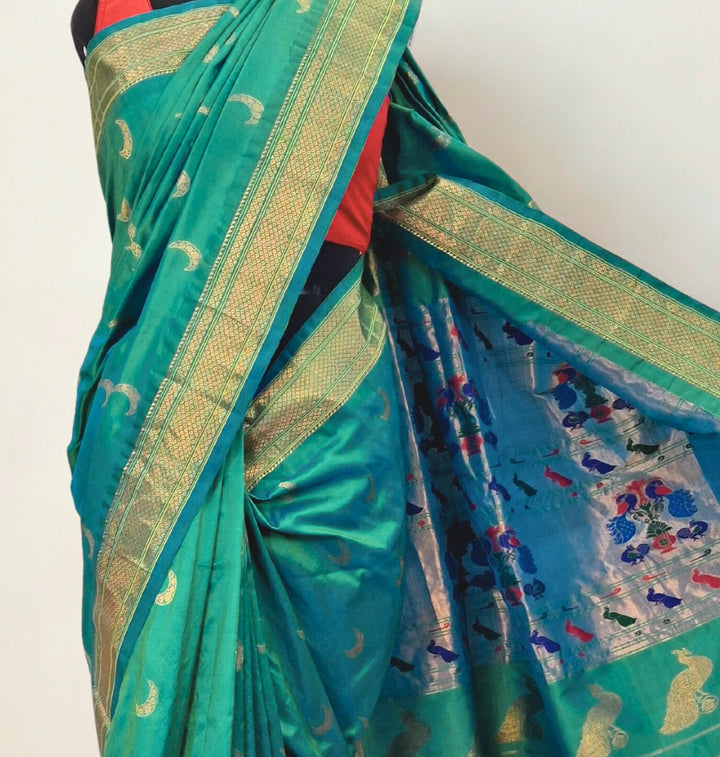Sea Green Chandrakor Paithani Saree