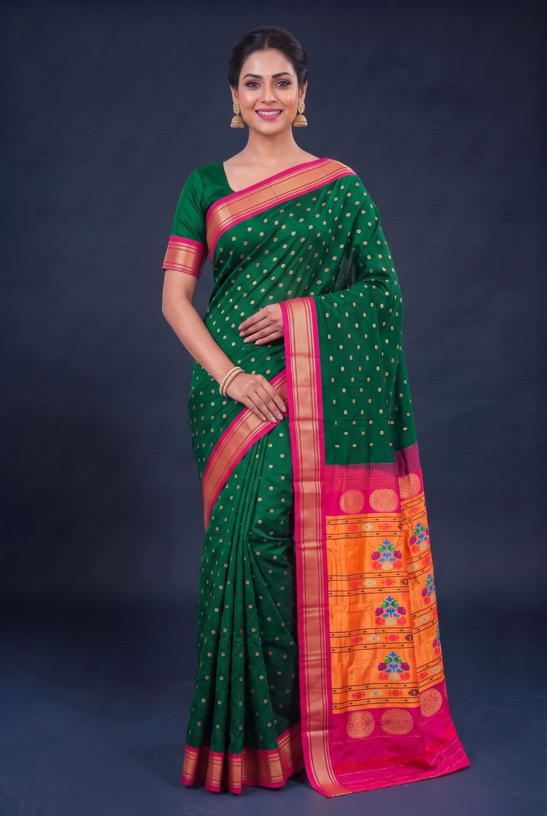 Bottle Green Silk Paithani with Traditional Pallu