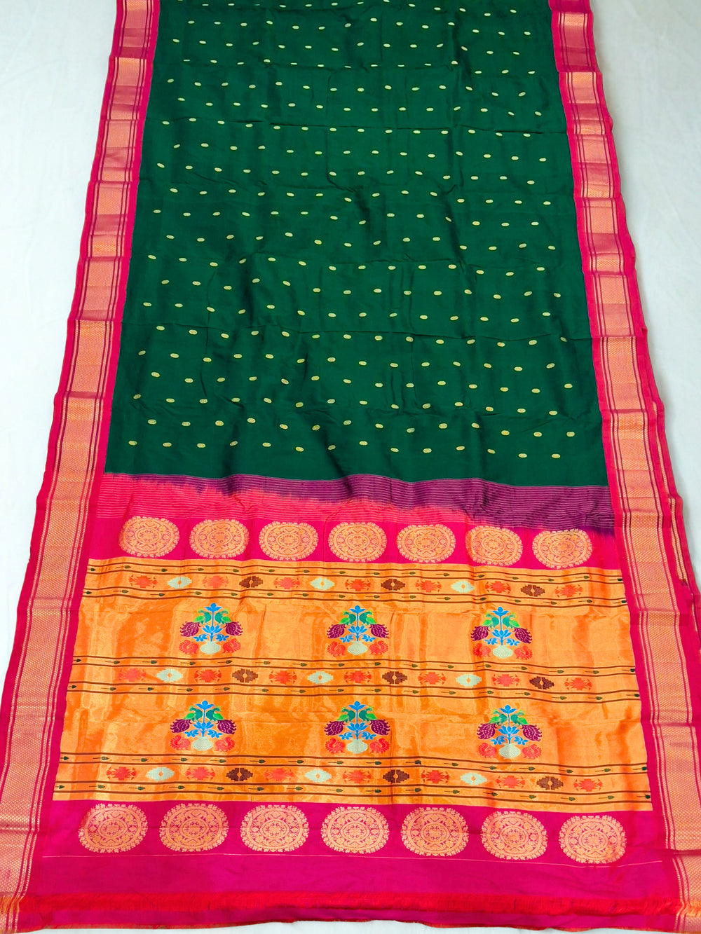 Bottle Green Silk Paithani with Traditional Pallu